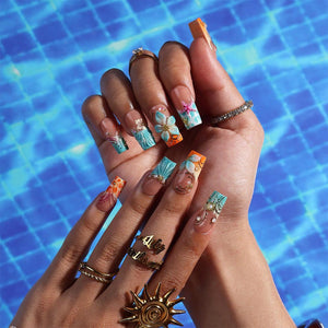 Summer Press On Nails With Seashell, Seahorse & Hibiscus Flower | Medium Square Fake Nails | Handmade Nail Art For Luxury Vacation and Gift