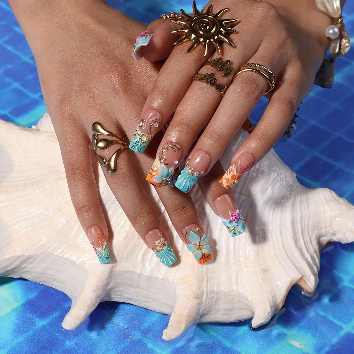 Summer Press On Nails With Seashell, Seahorse & Hibiscus Flower | Medium Square Fake Nails | Handmade Nail Art For Luxury Vacation and Gift