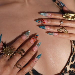 Mermaid Summer Press On Nails With Seashell & 3D Flowers | Long Almond  Fake Nails | Handmade Nails Art For Beach Vacation and Gift