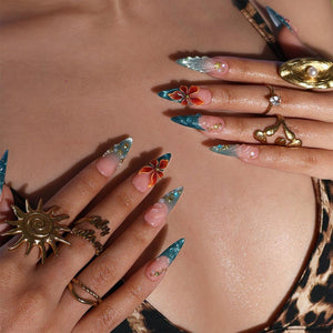 Mermaid Summer Press On Nails With Seashell & 3D Flowers | Long Almond  Fake Nails | Handmade Nails Art For Beach Vacation and Gift