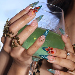 Mermaid Summer Press On Nails With Seashell & 3D Flowers | Long Almond  Fake Nails | Handmade Nails Art For Beach Vacation and Gift