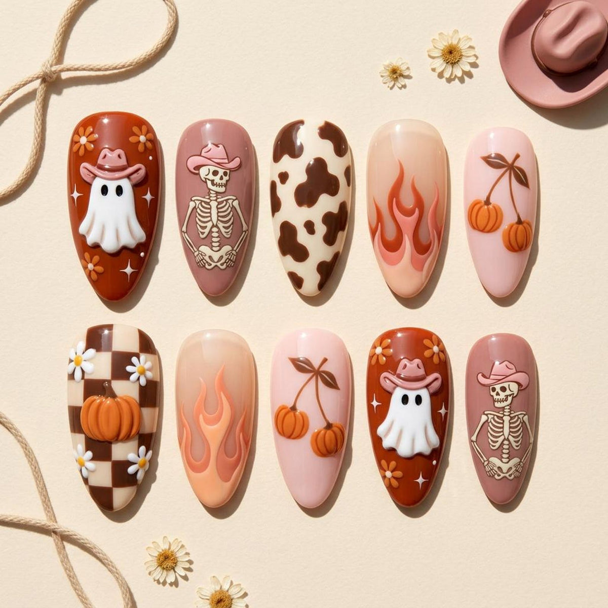 A set of ten press-on nails featuring various designs including ghosts wearing cowboy hats, skeletons in cowboy hats, brown and white cow print, orange flames, and pumpkins shaped like cherries on a light pink or brown background.