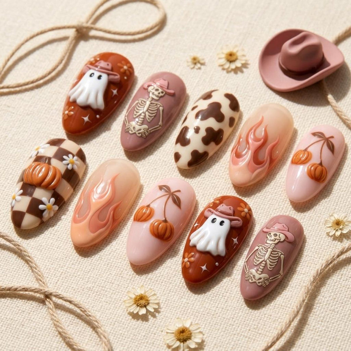 A set of ten press-on nails featuring various designs including white ghosts wearing cowboy hats, skeletons in hats, brown cow print, pink flames, and pumpkins with daisies on a checkered pattern, plus a small pink cowboy hat.