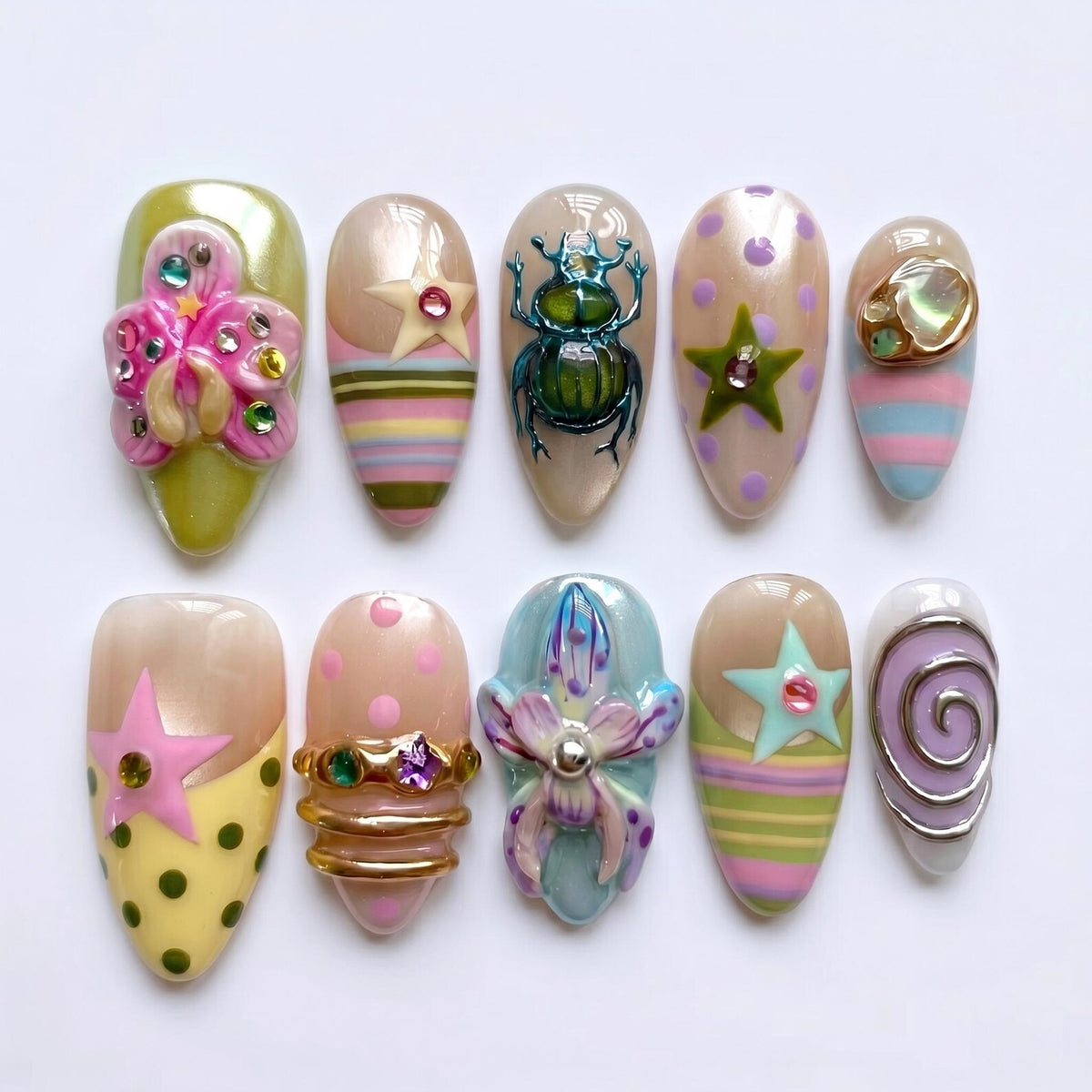 3D Beetle & Orchid Press On Nails | Sage Green Nude Pastel Almond Fake Nails | Whimsical Retro Stripe Mismatched Luxury Nail Art image 1
