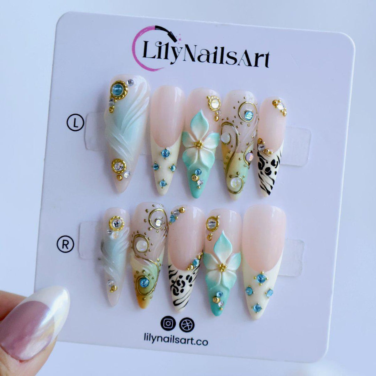 Luxury Coastal Summer Press On Nails With Gold Chrome Swirls & Zebra Accent | Long Almond Fake Nails | Handmade Nail Art For Holiday Season