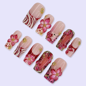 Summer Press On Nails With Hibiscus Flowers, Palm Leaf & Gold Chrome Details | Medium Square Fake Nails | Handmade Nail Art For Holiday