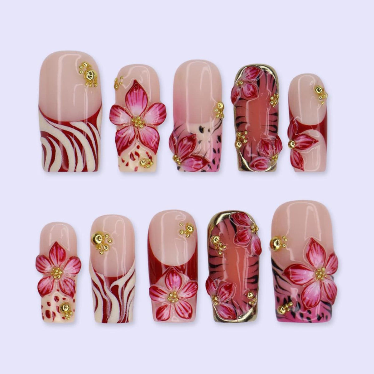 Summer Press On Nails With Hibiscus Flowers, Palm Leaf & Gold Chrome Details | Medium Square Fake Nails | Handmade Nail Art For Holiday