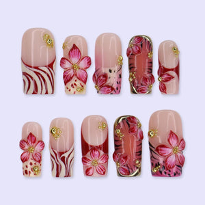 Summer Press On Nails With Hibiscus Flowers, Palm Leaf & Gold Chrome Details | Medium Square Fake Nails | Handmade Nail Art For Holiday