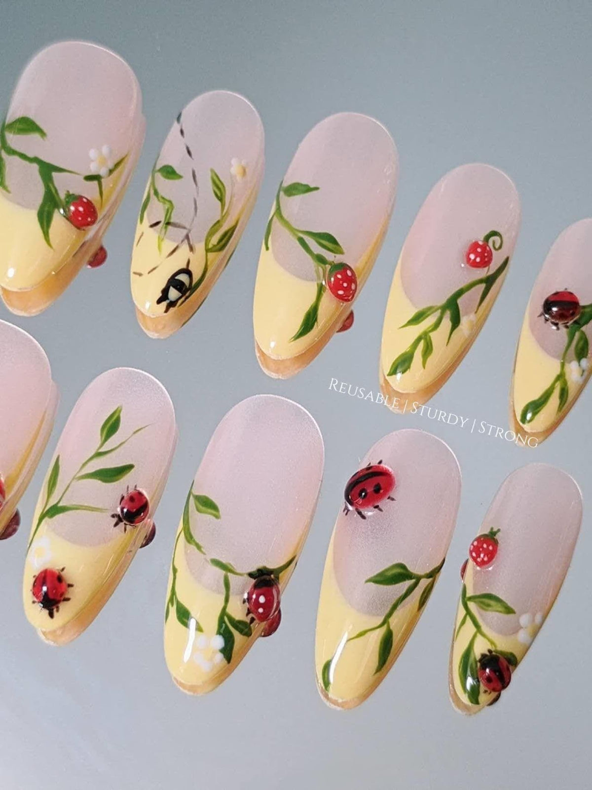 Cute Ladybug on Leaf | Reusable Sturdy Strong Gel Fake Acrylic Nails | short medium long press on nail's, handmad gifts, xwj75 image 3
