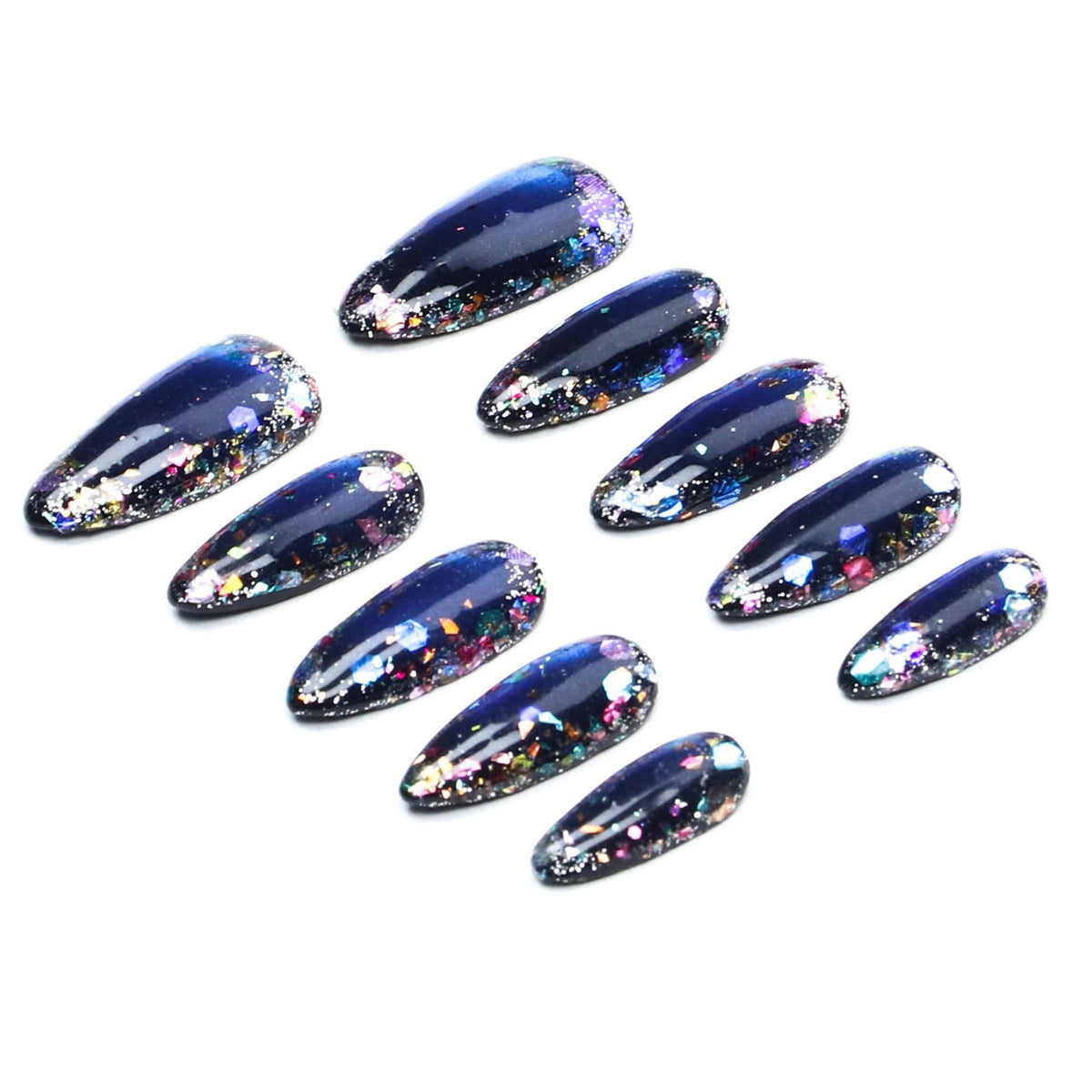 A set of ten almond-shaped press-on nails featuring a deep navy blue base color. Each nail is decorated with a dense, multi-colored glitter finish that includes reflective flecks of silver, purple, blue, and gold throughout the surface.