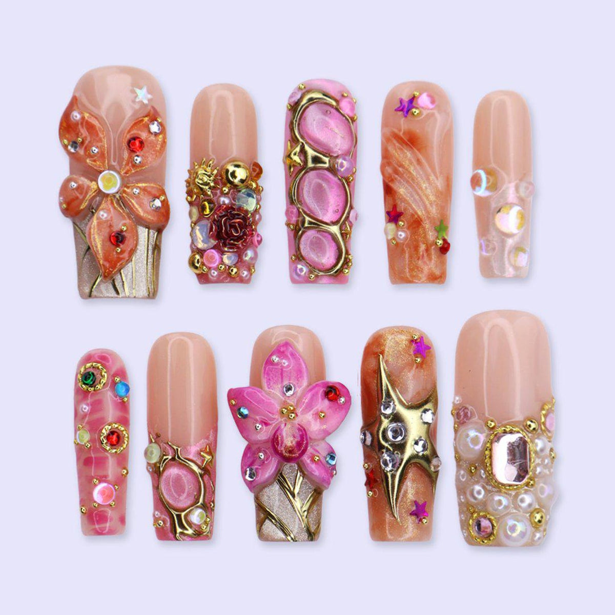 Maximal Press On Nails Pink 3D Flowers & Gold Chrome Details | Long Square Fake Nails | Handmade Glam Nail Art for Vacation, Party, Birthday