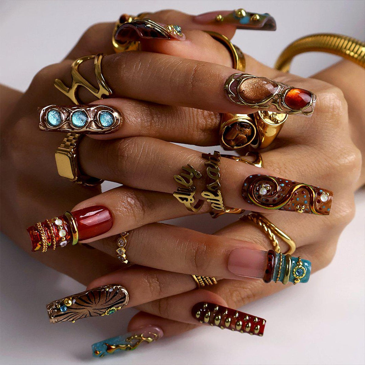 Maximal Press On Nails With Turquoise Stone, Tortoiseshell & Gold Details | Long Square Fake Nails | Handmade Nail Art for Vacation, Party