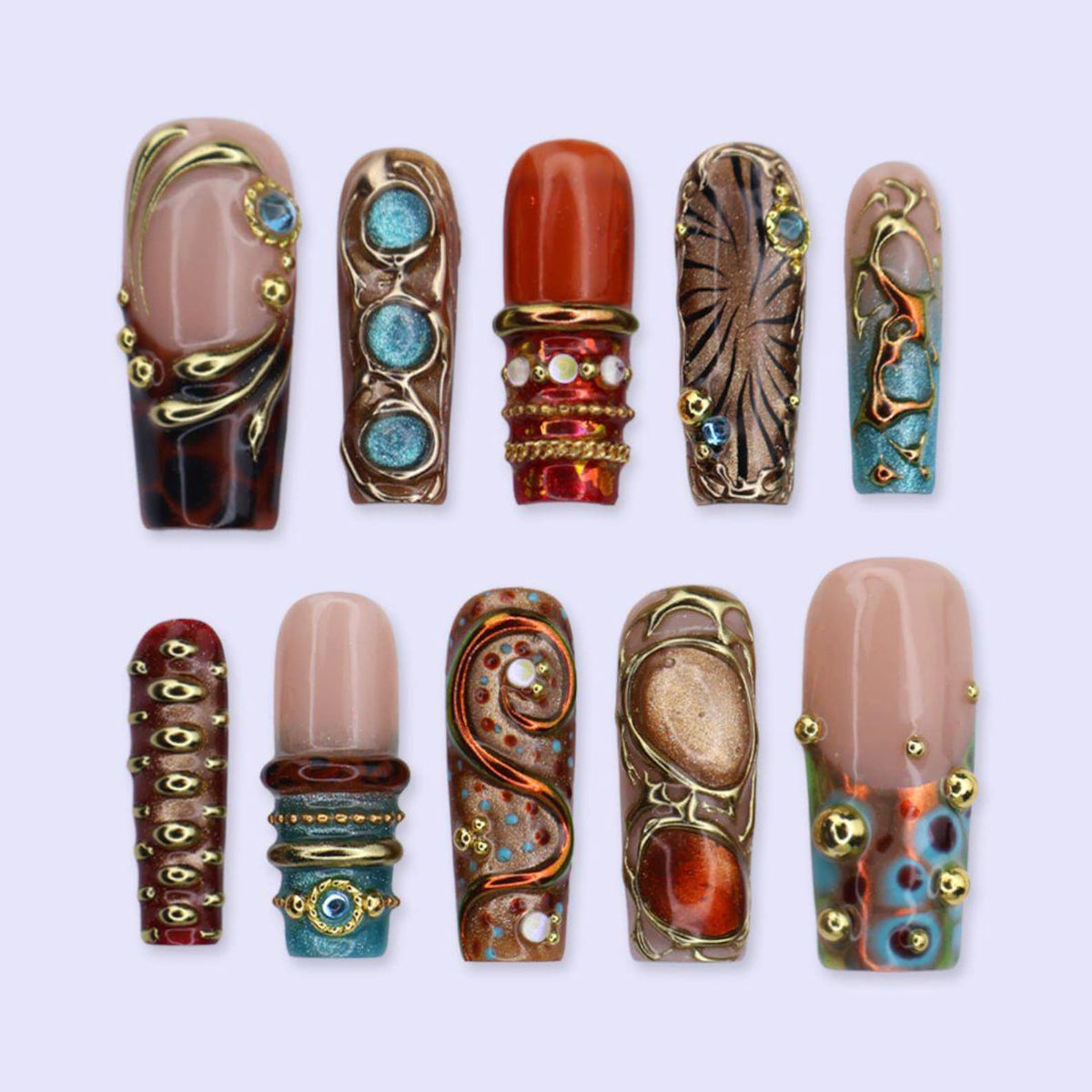 Maximal Press On Nails With Turquoise Stone, Tortoiseshell & Gold Details | Long Square Fake Nails | Handmade Nail Art for Vacation, Party