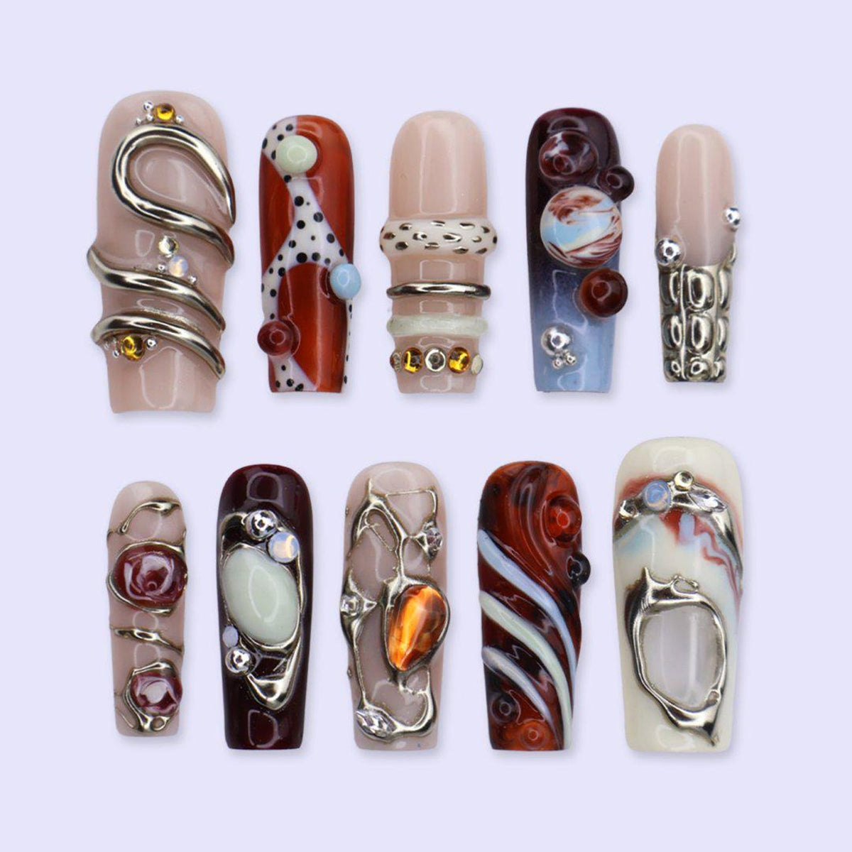 Maximal Press On Nails With Burgundy Roses ,Marble Swirls | Long Square Fake Nails | Handmade Nail Art for Vacation, Party, Birthday