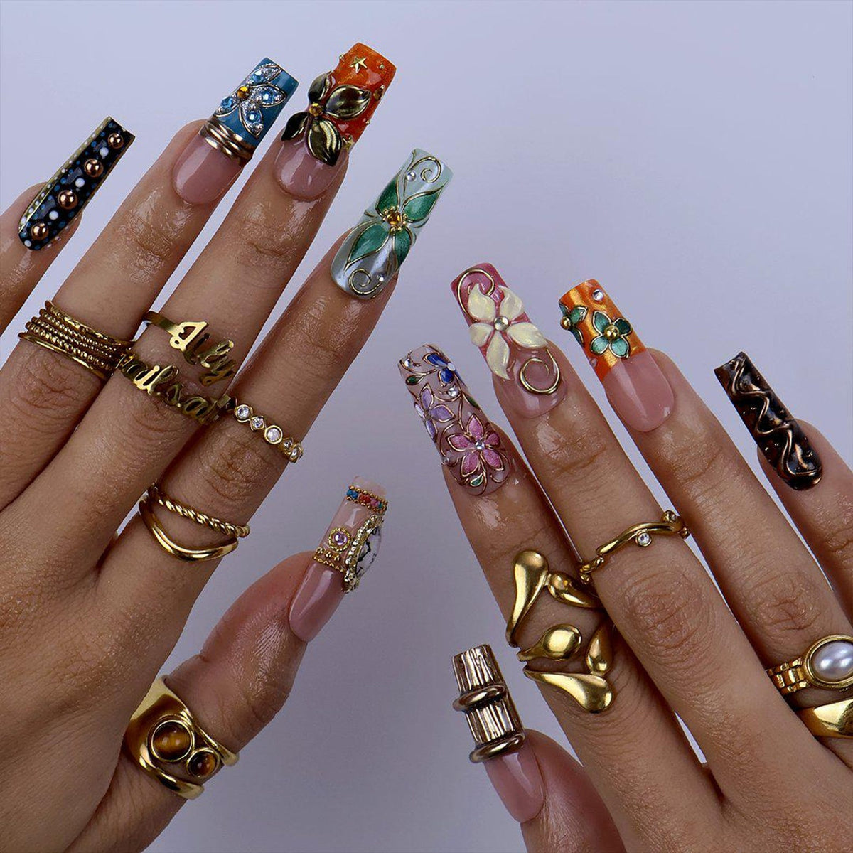 Maximal Press On Nails With Vintage Clock, 3D Flowers & Gold Chrome Details | Long Square Fake Nails | Handmade Nail Art for Vacation, Party