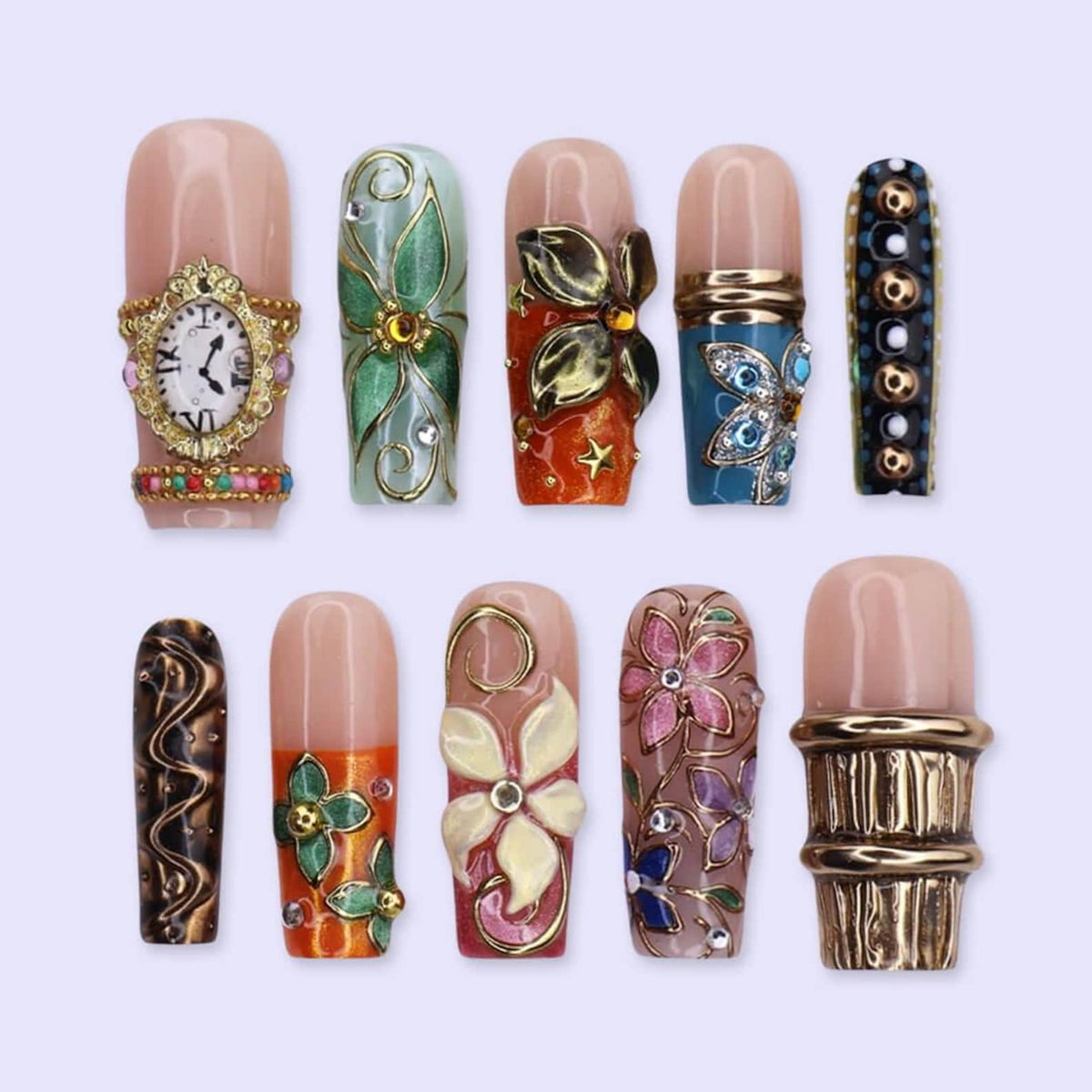 Maximal Press On Nails With Vintage Clock, 3D Flowers & Gold Chrome Details | Long Square Fake Nails | Handmade Nail Art for Vacation, Party