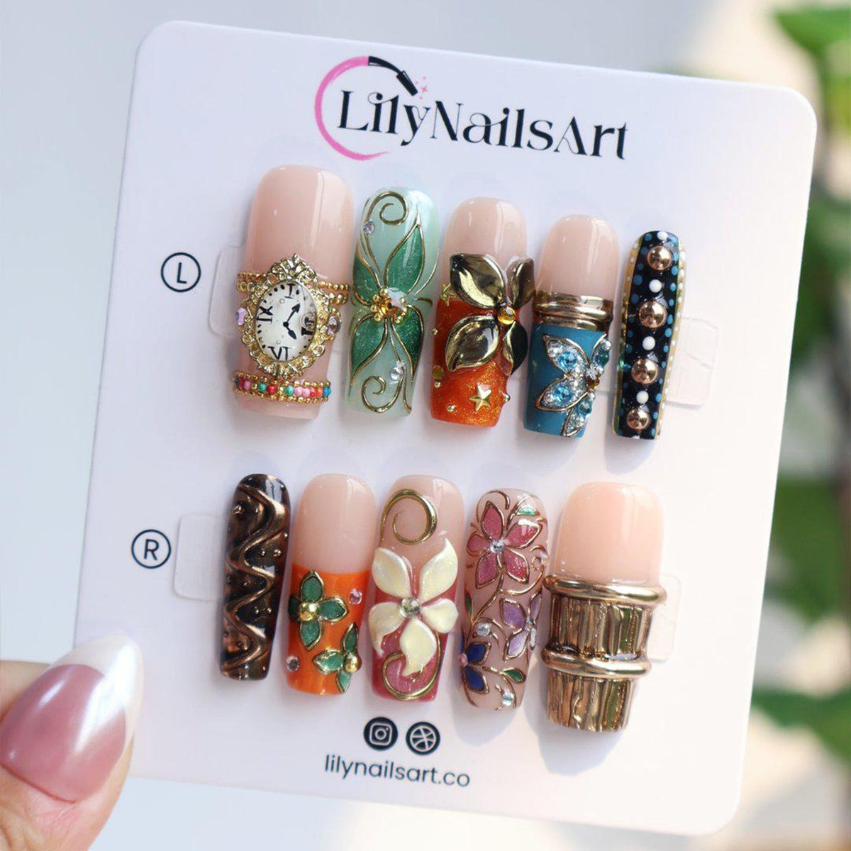 Maximal Press On Nails With Vintage Clock, 3D Flowers & Gold Chrome Details | Long Square Fake Nails | Handmade Nail Art for Vacation, Party