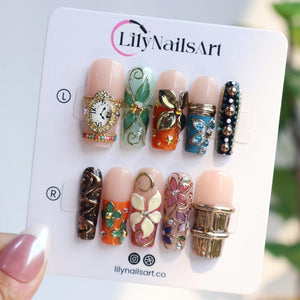Maximal Press On Nails With Vintage Clock, 3D Flowers & Gold Chrome Details | Long Square Fake Nails | Handmade Nail Art for Vacation, Party
