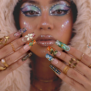 Maximal Press On Nails With Vintage Clock, 3D Flowers & Gold Chrome Details | Long Square Fake Nails | Handmade Nail Art for Vacation, Party