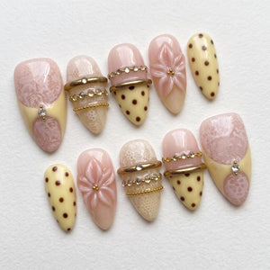 3D Lace Flower Press On Nails, Cream Polka Dot, Gold Ring Coquette Bridal Art image 4