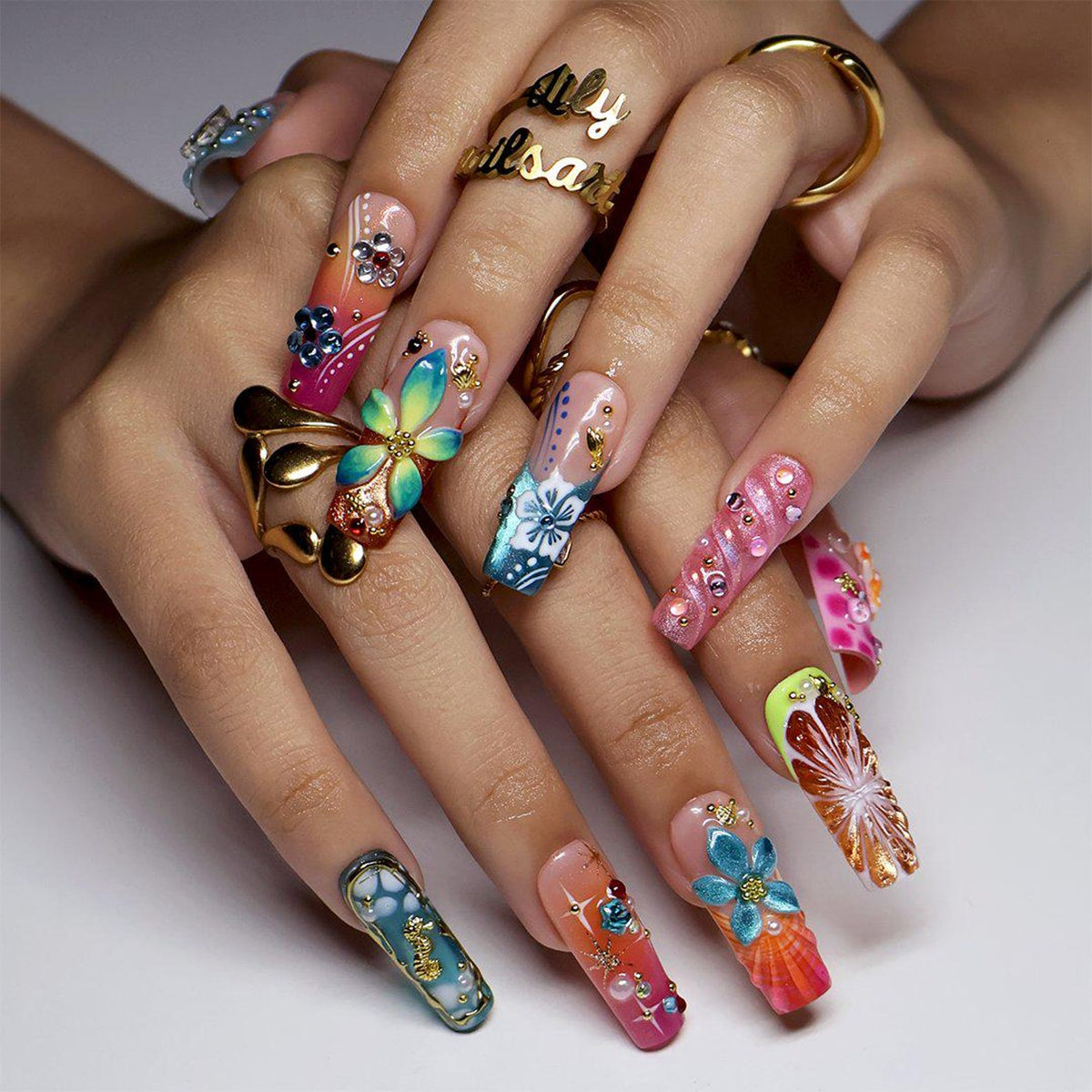 Maximal Press On Nails With Hibiscus Flower, Seashell , Starfish & Seahorse | Long Square Fake Nails | Handmade Nail Art For Holiday, Party