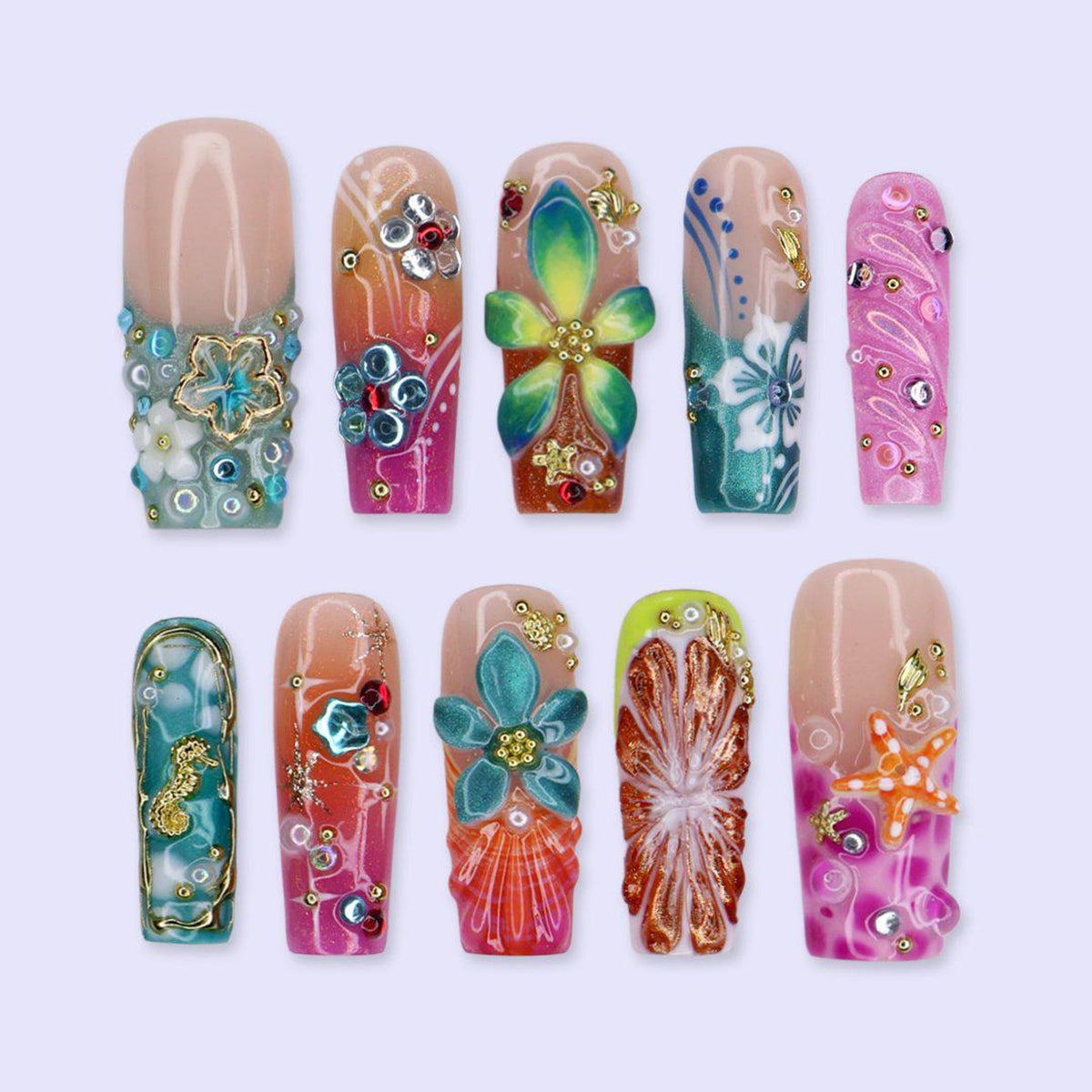 Maximal Press On Nails With Hibiscus Flower, Seashell , Starfish & Seahorse | Long Square Fake Nails | Handmade Nail Art For Holiday, Party