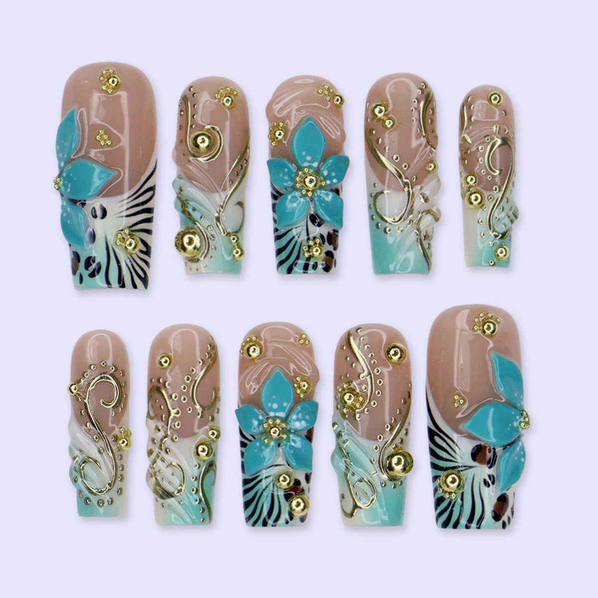 Maximal Press On Nails with 3D Teal Floral, Gold Swirls & Zebra Design | Long Square Fake Nails | Handmade Nail Art For Vacation & Party