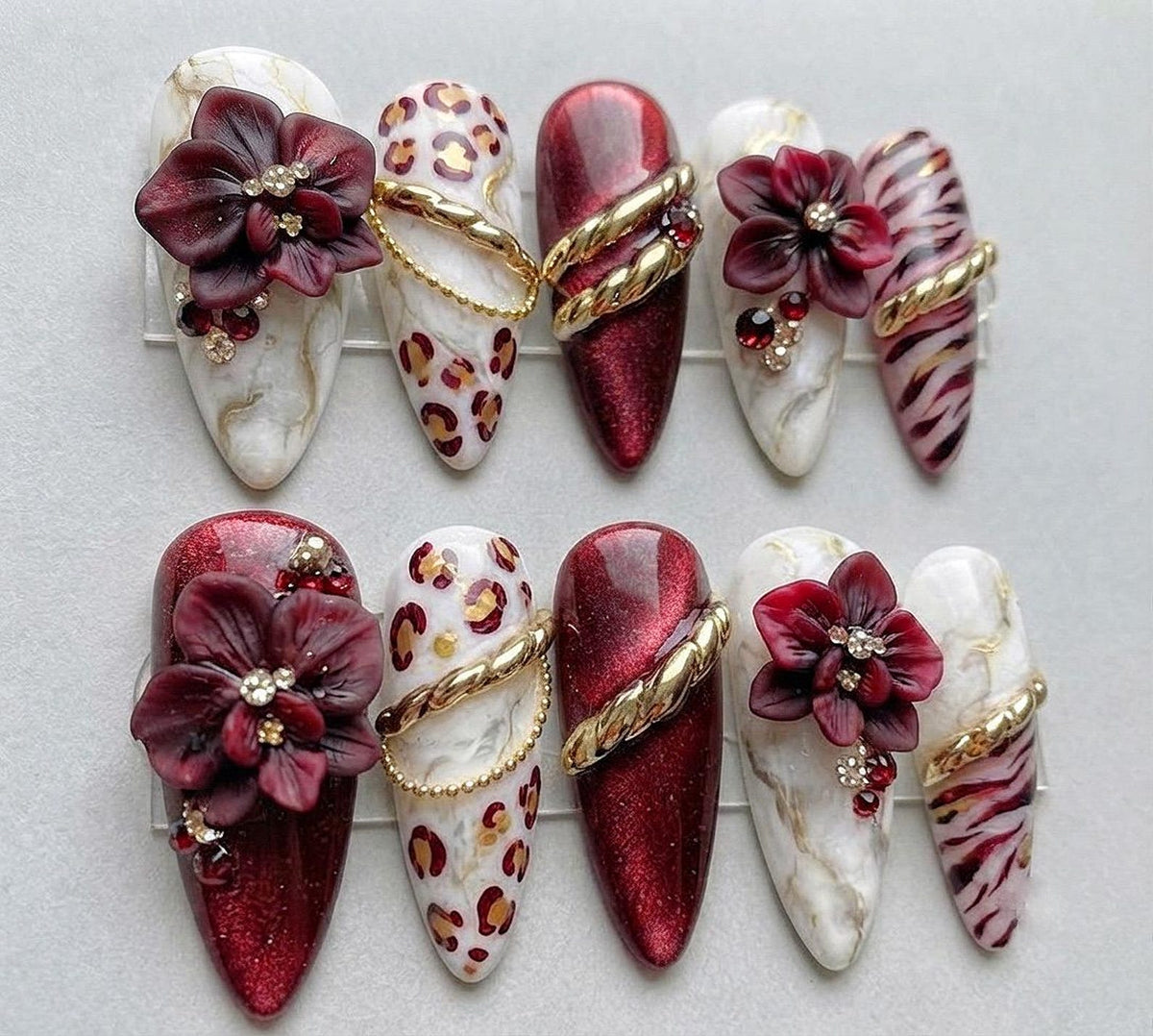 Burgundy Floral Press On Nails, 3D Flower Cat Eye Nails, Gold Chrome Leopard Marble Nails, Luxury Handmade Almond Nails image 2