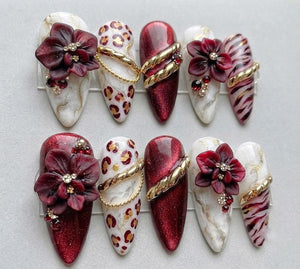 Burgundy Floral Press On Nails, 3D Flower Cat Eye Nails, Gold Chrome Leopard Marble Nails, Luxury Handmade Almond Nails image 2