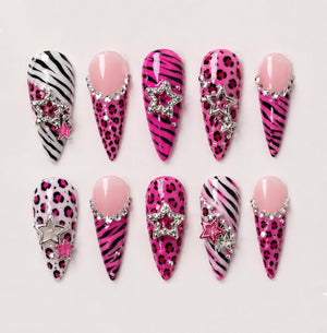 Y2K Pink Animal Print Press On Nails, Hot Pink Zebra Leopard Nails, Star Charm Rhinestone Nails, McBling Glam Fake Nails, Retro Y2K Nails image 1