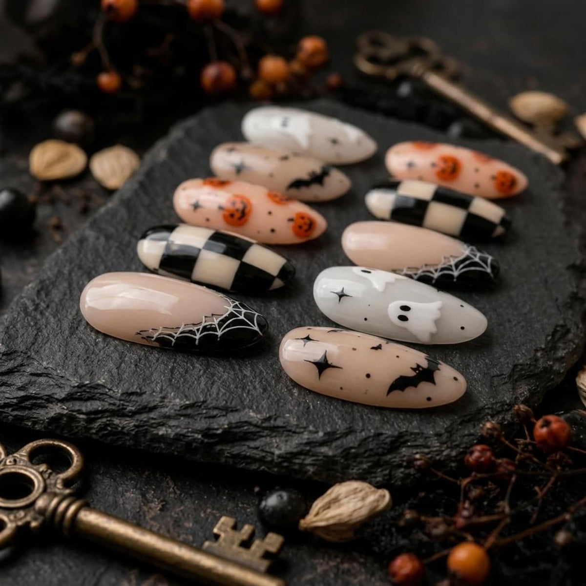 Cute Halloween Press On Nails With Ghost Pumpkin Bat Nail Art, Spooky Checker Press On Nails, Handmade Fall Nail Set, Gift for Her image 5