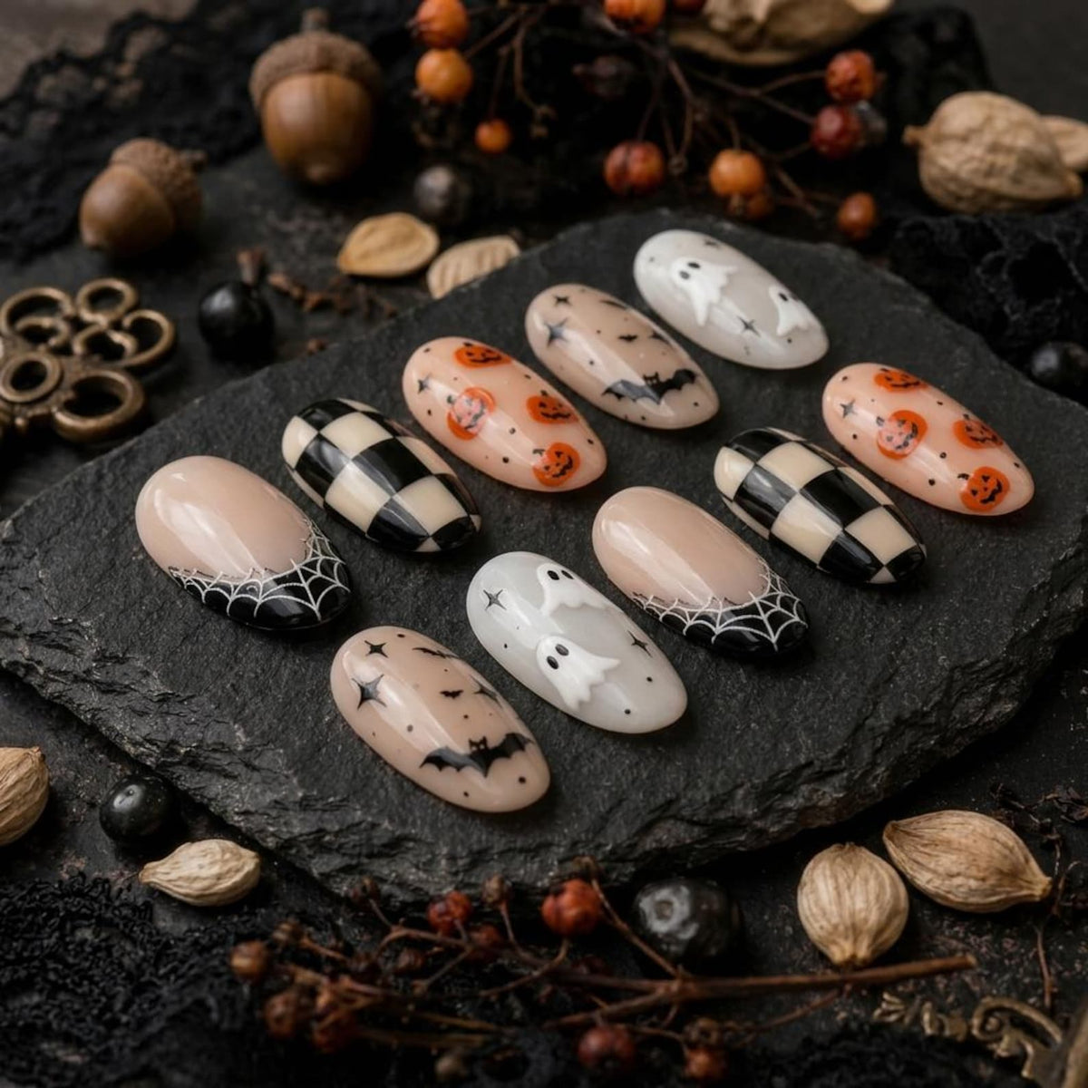 A set of ten oval-shaped press-on nails featuring various Halloween-themed designs including black and white spider webs, orange pumpkins, black bats, white ghosts, and a black and white checkered pattern on a neutral beige base.