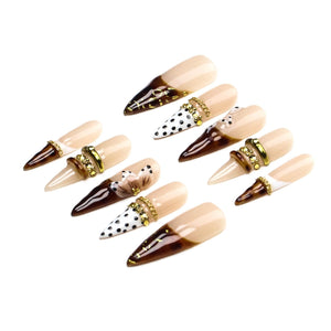 Maillard Tortoise Floral Stiletto Press On Nails/Black Polka Dot Fake Nails/Gold Metal Chain French Tip Handmade Gel Nails For Autumn.Winter image 4