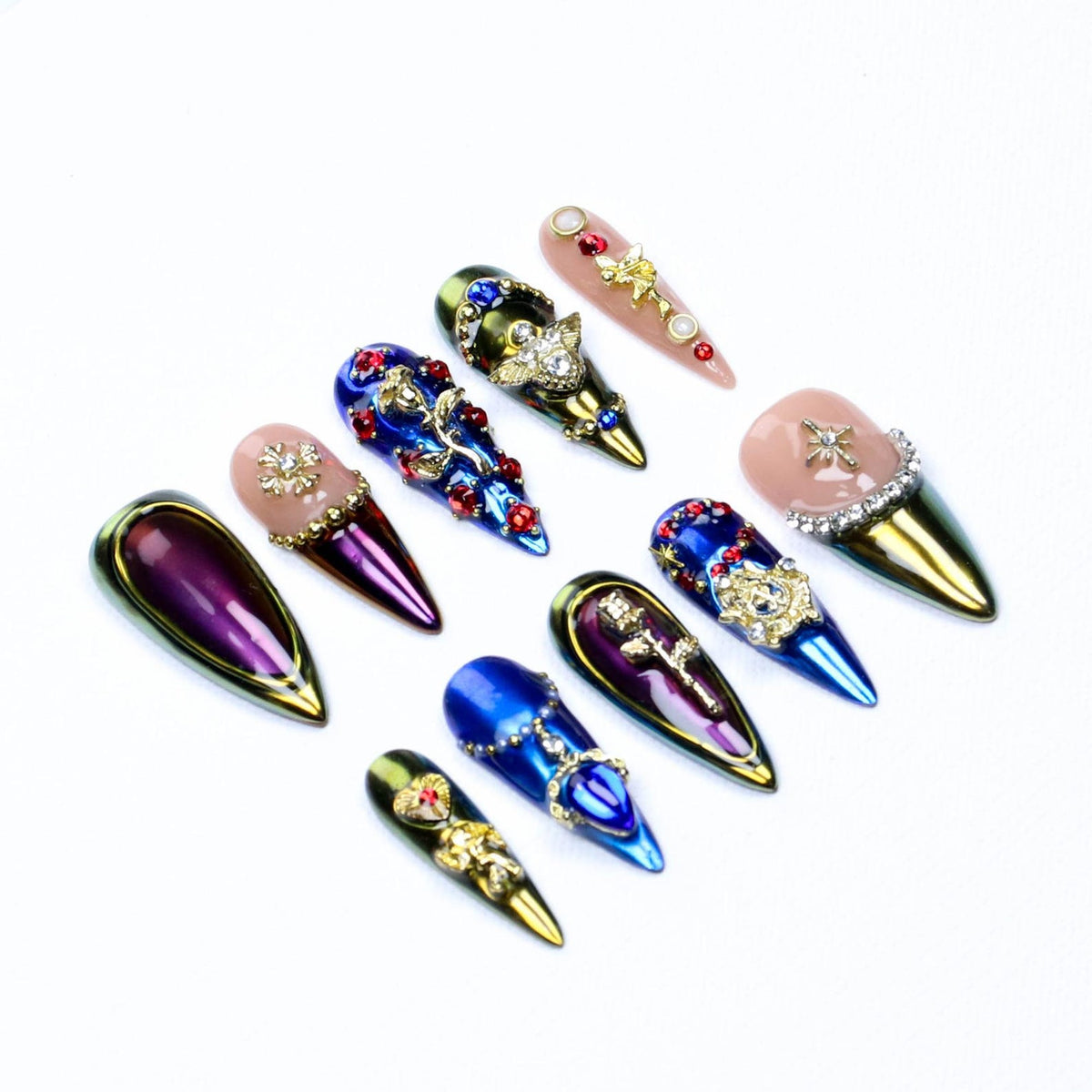 Vintage Baroque Rose Angel Stiletto Press On Nails/Metallic Purple Blue Fake Nails/Gold Royal Chrome Mirror Cross Luxury Handmade Nail Art image 3