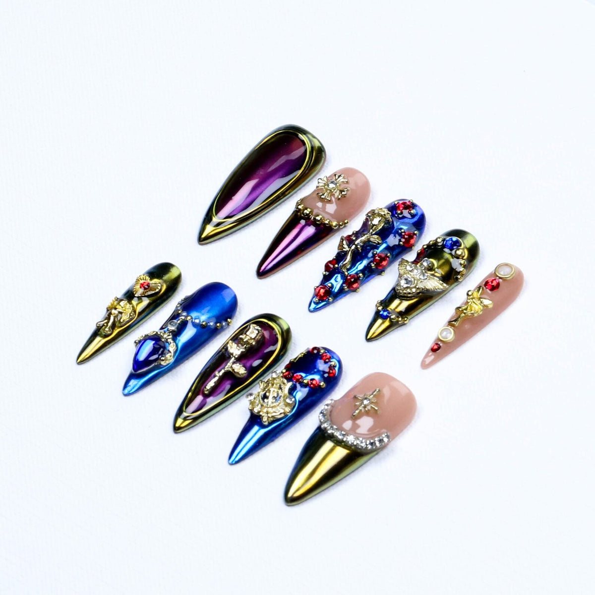 Vintage Baroque Rose Angel Stiletto Press On Nails/Metallic Purple Blue Fake Nails/Gold Royal Chrome Mirror Cross Luxury Handmade Nail Art image 6