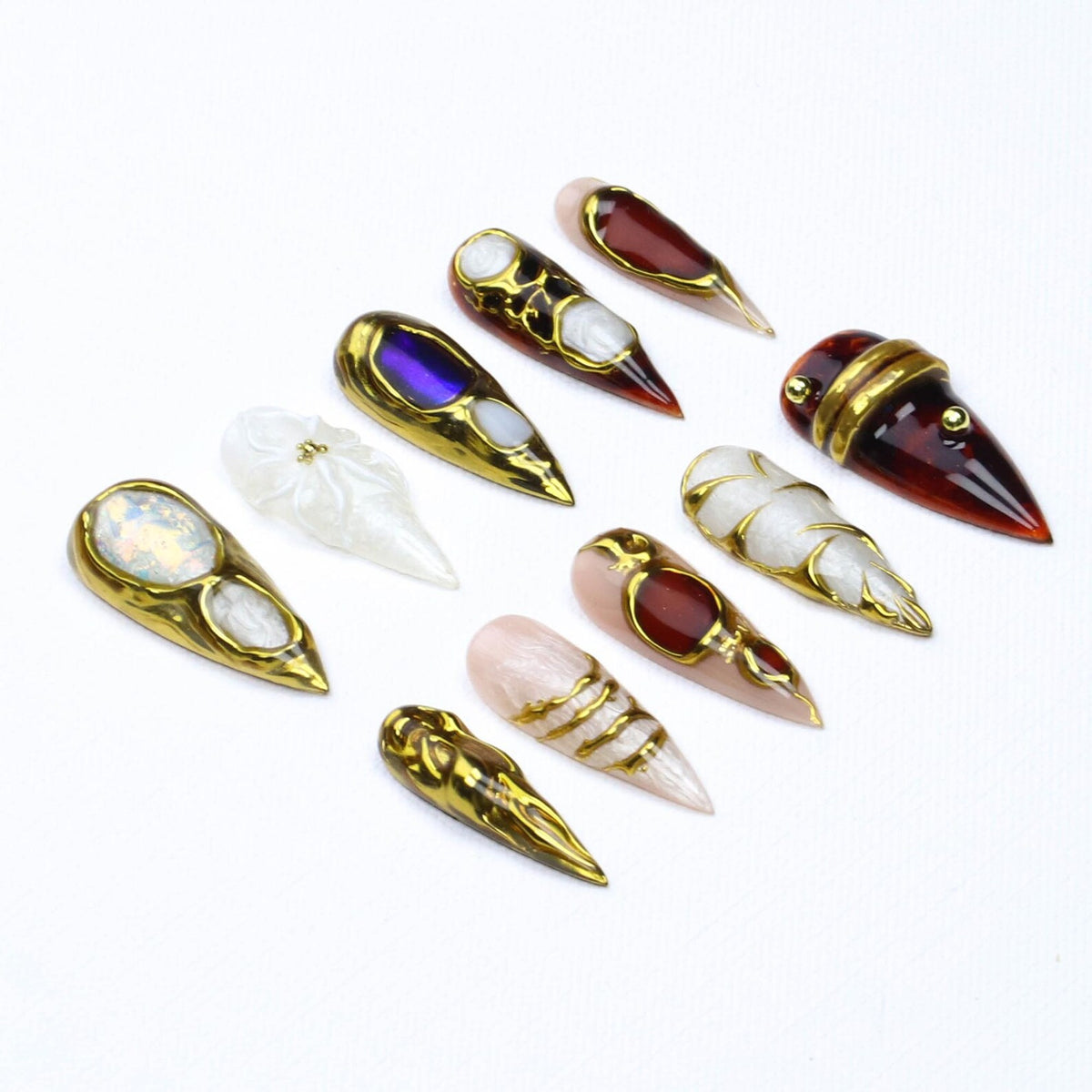 Amber Opal Chrome Gold Wire Frame Press On Nails/White Floral Tortoise Shell Baroque Luxury Stiletto Fake Nails for Party Birthday,Gift image 3