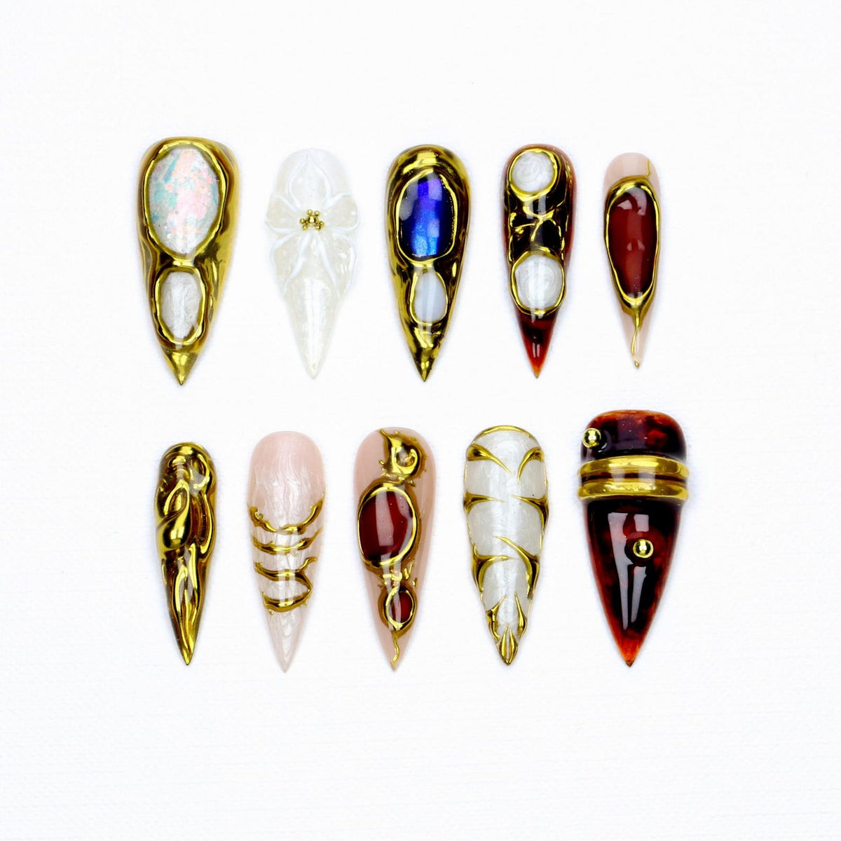 Amber Opal Chrome Gold Wire Frame Press On Nails/White Floral Tortoise Shell Baroque Luxury Stiletto Fake Nails for Party Birthday,Gift image 1