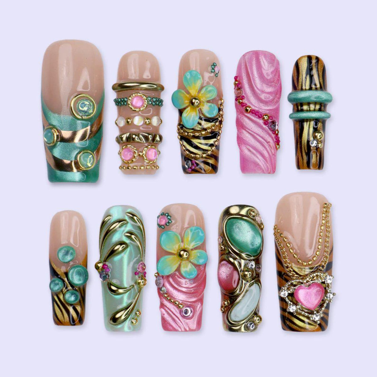 Maximal Press On Nails with Pink Heart Charm, Tiger Stripe & Gold Gem Design | Long Square Fake Nail | Handmade Nails for Fashion, Festivals
