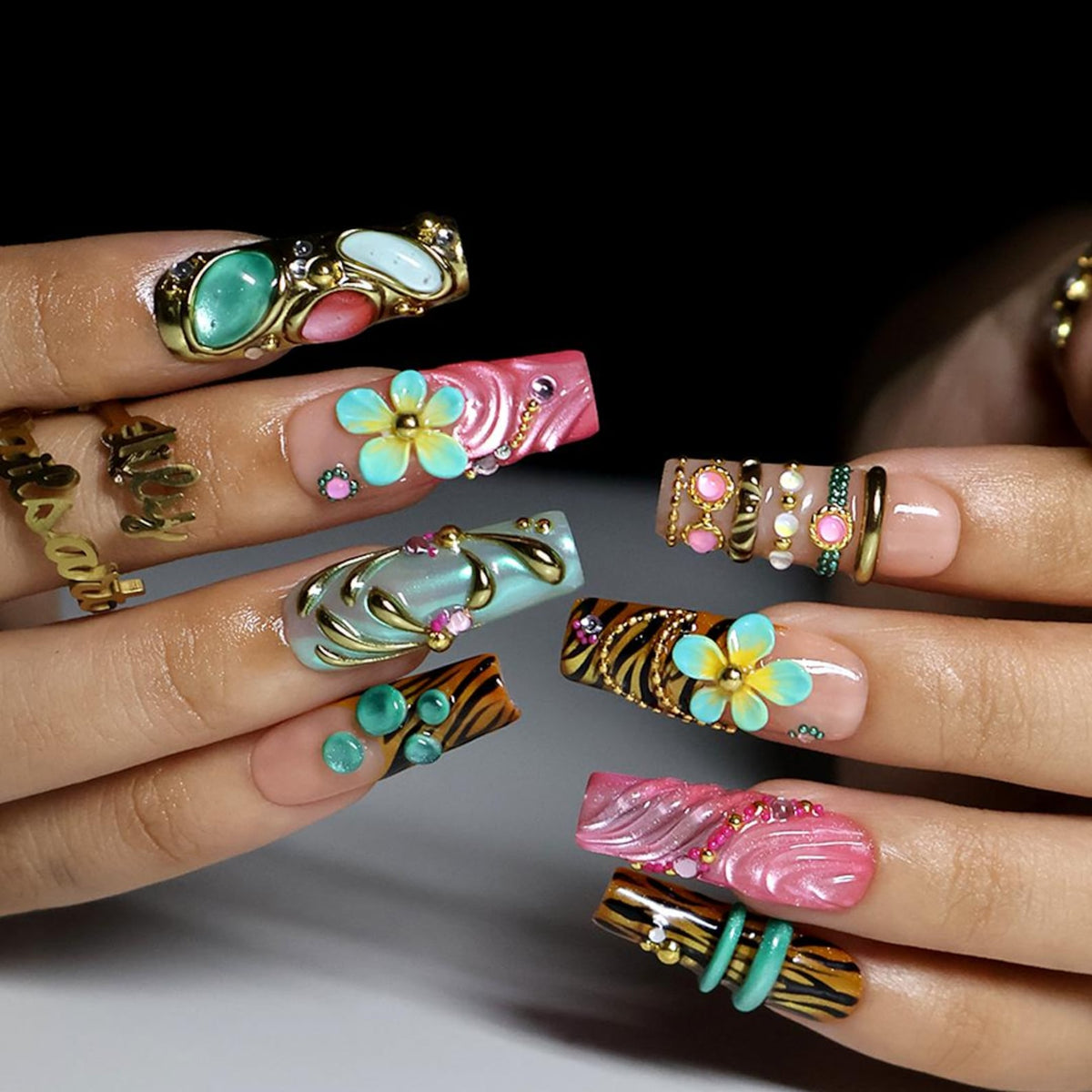 Maximal Press On Nails with Pink Heart Charm, Tiger Stripe & Gold Gem Design | Long Square Fake Nail | Handmade Nails for Fashion, Festivals