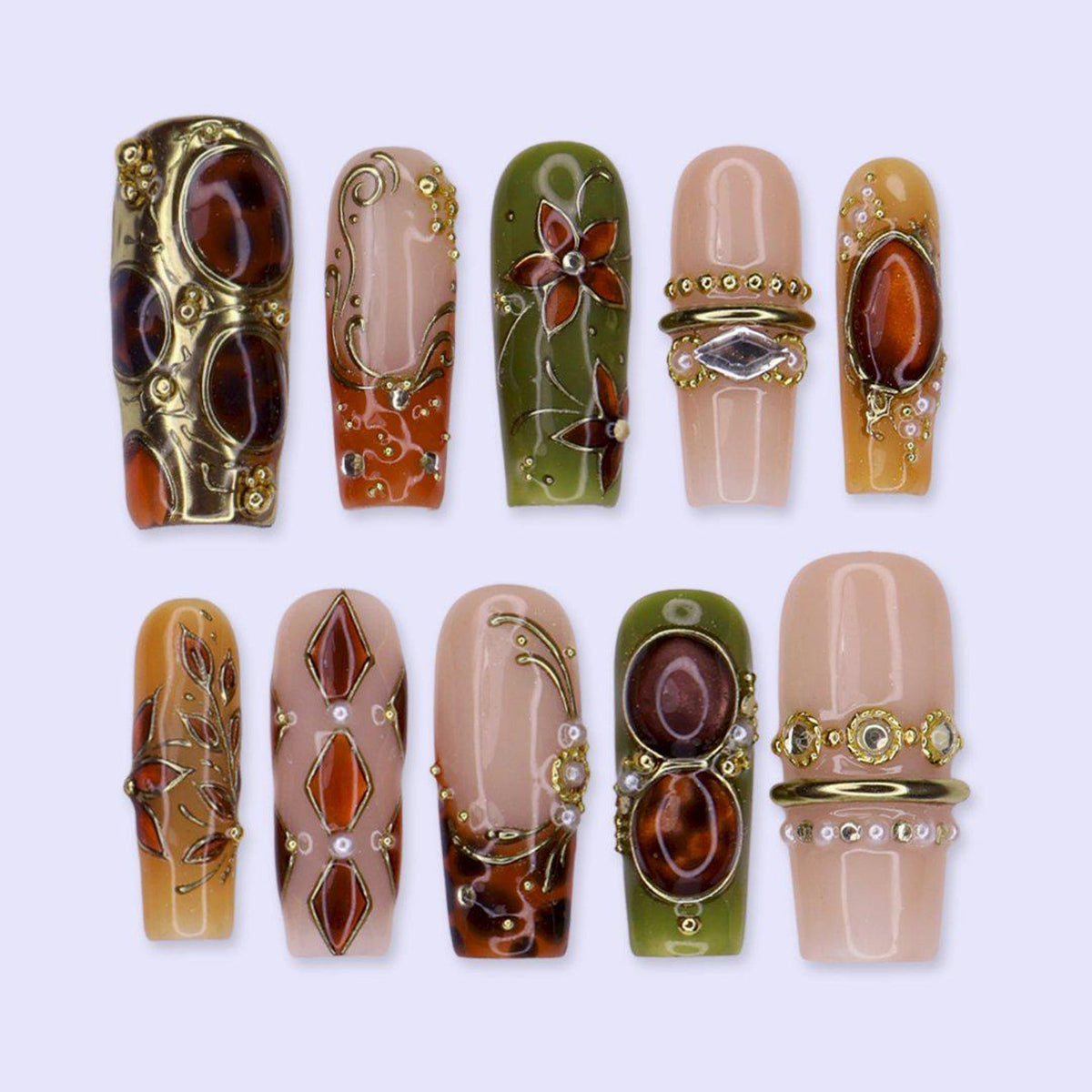 Maximal Press On Nails with Amber Gemstones, Olive Green Floral & Gold Vintage | Long Square Fake Nails | Handmade Nail Art For Celebrations