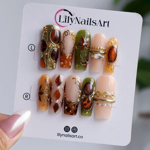 Maximal Press On Nails with Amber Gemstones, Olive Green Floral & Gold Vintage | Long Square Fake Nails | Handmade Nail Art For Celebrations