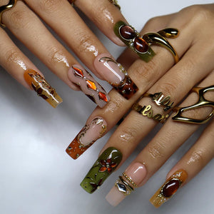 Maximal Press On Nails with Amber Gemstones, Olive Green Floral & Gold Vintage | Long Square Fake Nails | Handmade Nail Art For Celebrations