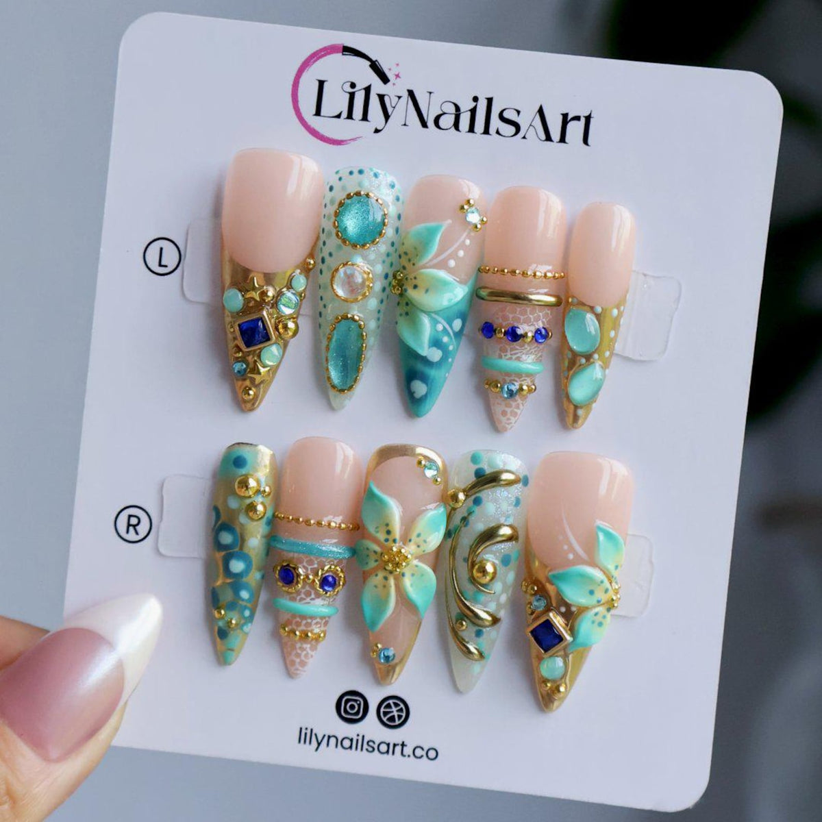 Maximal Press On Nails with 3D Aqua Flower, Gemstones & Gold Seashell | Long Almond Fake Nails | Handmade Nails Art for Vacation, Event