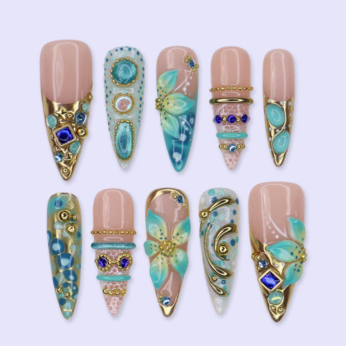 Maximal Press On Nails with 3D Aqua Flower, Gemstones & Gold Seashell | Long Almond Fake Nails | Handmade Nails Art for Vacation, Event