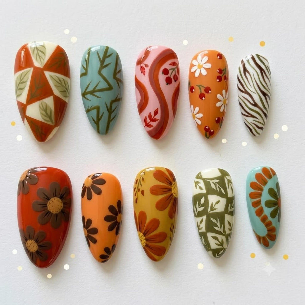 A set of ten almond-shaped press-on nails featuring diverse designs including geometric leaf patterns, abstract swirls, floral motifs, berries, and zebra stripes in a warm color palette of orange, brown, green, pink, and cream tones.