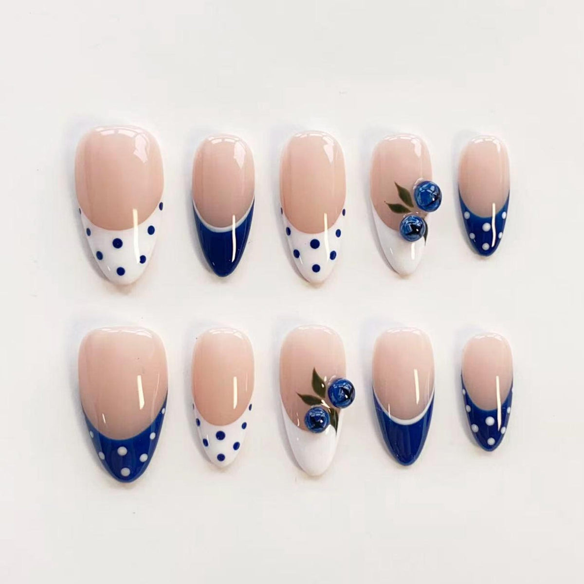 Blueberry Polka Dot Nails/Press On Nails Long Almond Nails/Navy Blue French Tip Nails/Retro Elegant Nails/Fruit Charm Nails/Custom Nails image 1