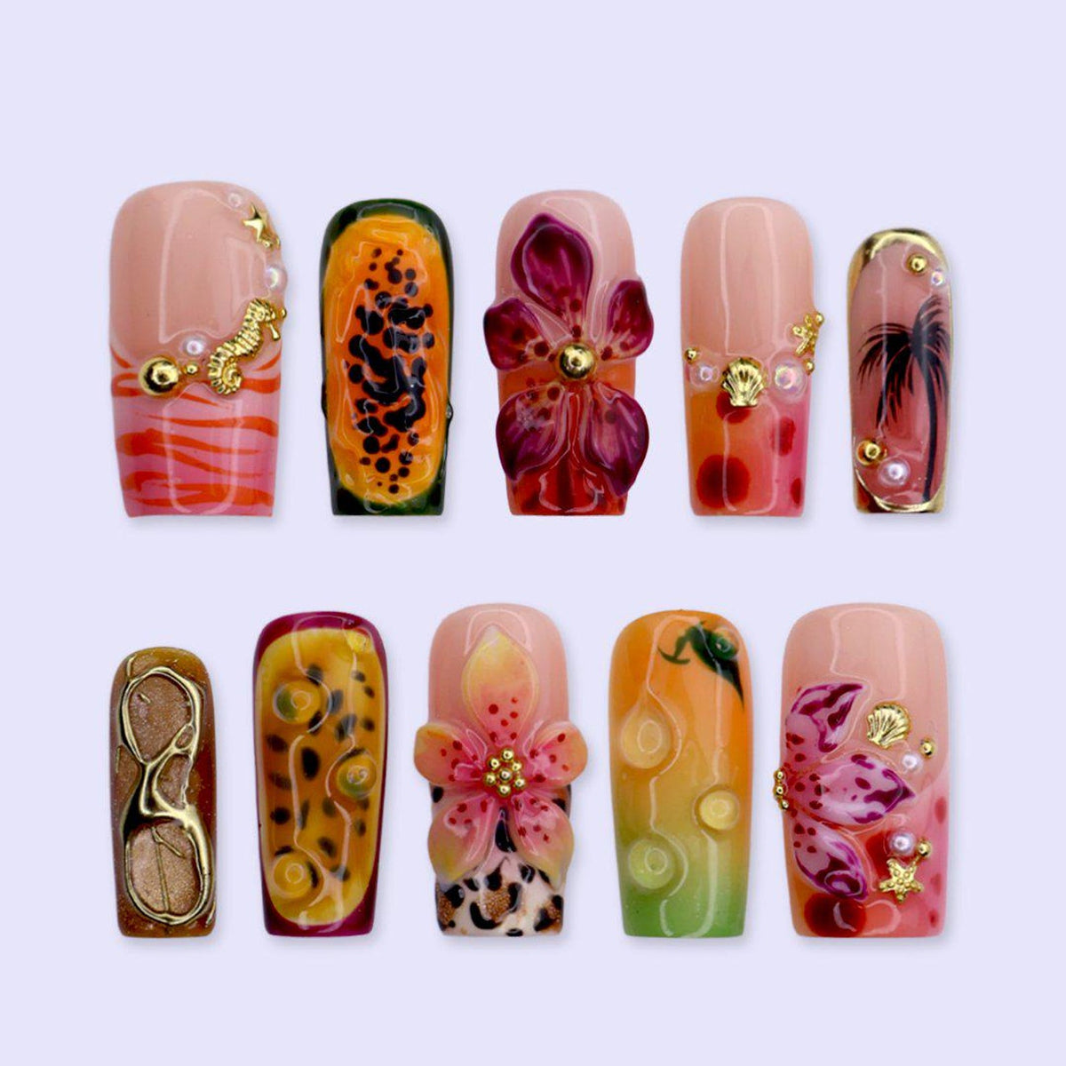Tropical Summer Press On Nails With Hibiscus Flowers & Papaya Fruit  | Medium Square Fake Nail | Handmade Nail For Vacation & Holiday