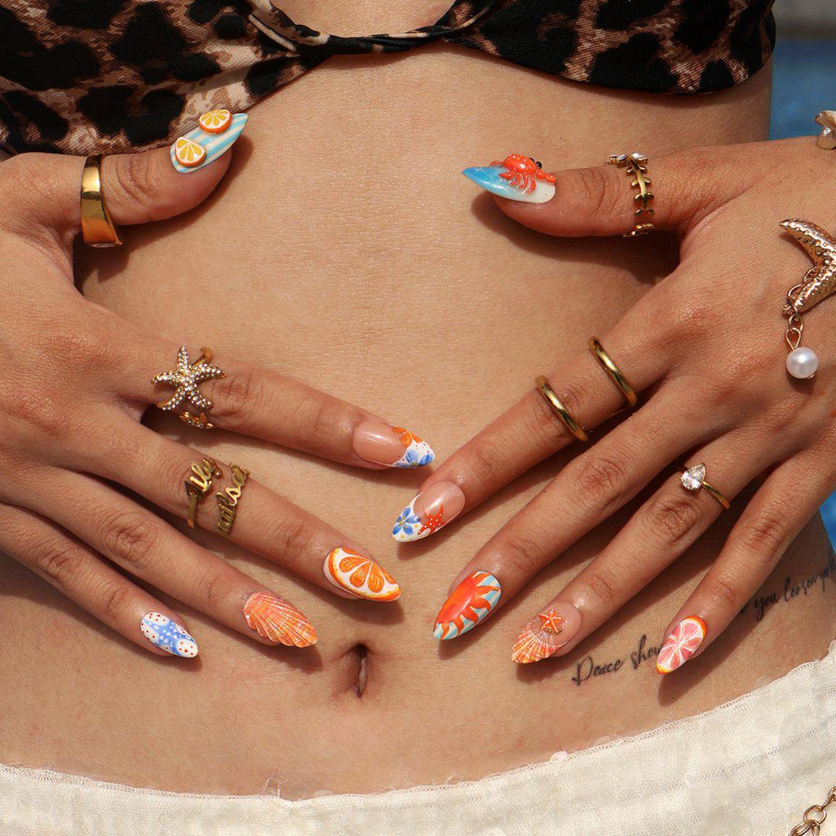 Summer Press On Nails With Seashell, Coastal Crab & Starfish | Medium Almond Fake Nails | Handmade Nails Art Beach Vacation Ocean