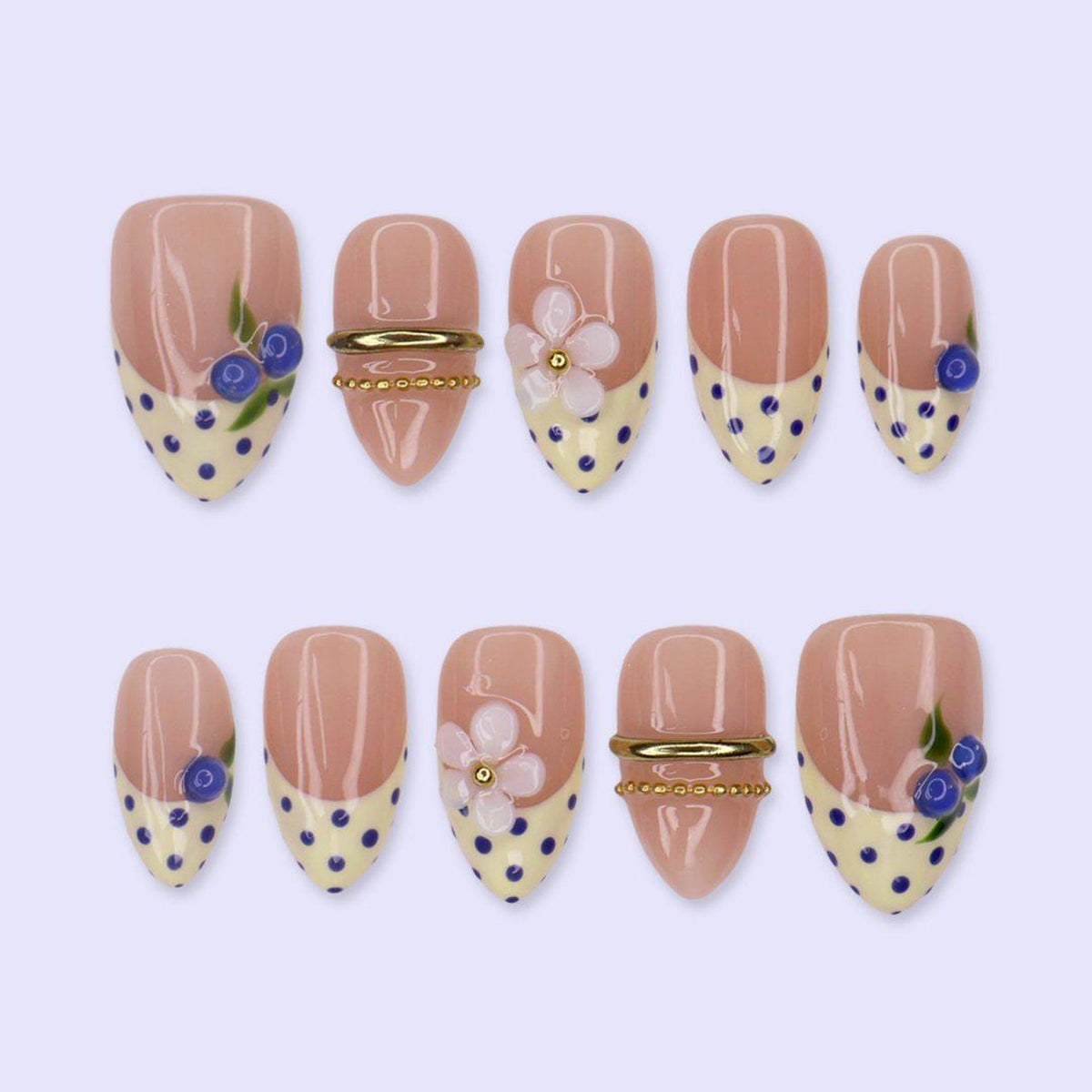 Summer Press On Nails With Blueberry,  3D Daisy & Gold Rings | French Tip Medium Almond Fake Nails | Handmade Nails Art For Vacation Or Gift