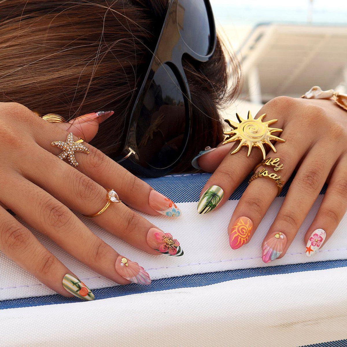 Summer Press On Nails With Shark & ​​Hibiscus Flower | Medium Almond Fake Nails | Sunset Handmade Nails Art For Beach Vacation Or Gift